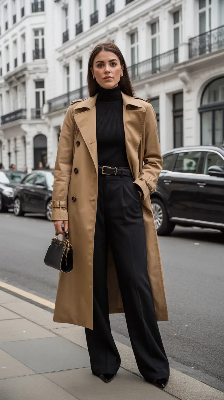 Trendy Capsule Wardrobe Outfits 2026 - Timeless Trench And Tailored Black Trousers