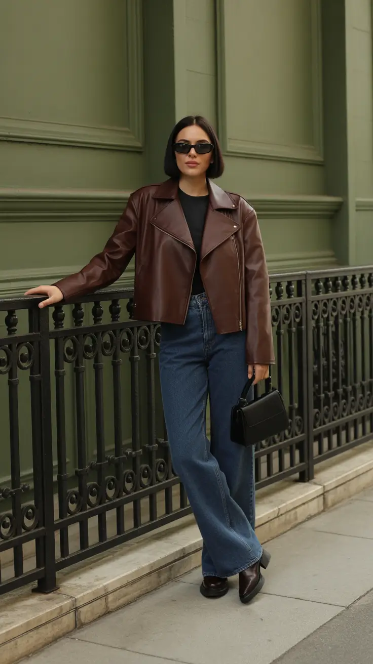 Trendy Capsule Wardrobe Outfits 2026 - Brown Leather Jacket And Effortless Denim Capsule
