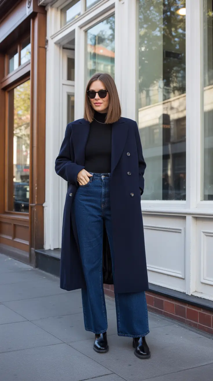 Trendy capsule wardrobe outfits 2026 Navy Coat And Denim For Relaxed City Days