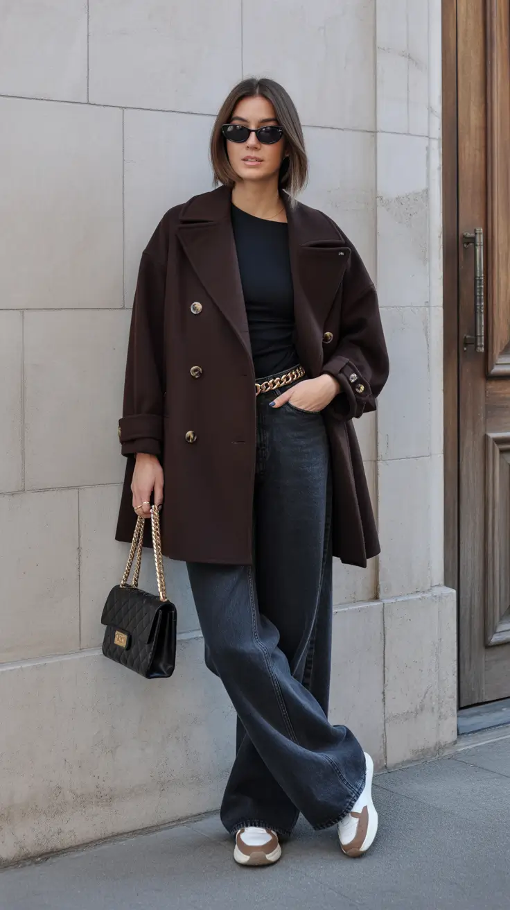Casual outfit inspiration 2026 - Chocolate coat, chain belt, and relaxed denim