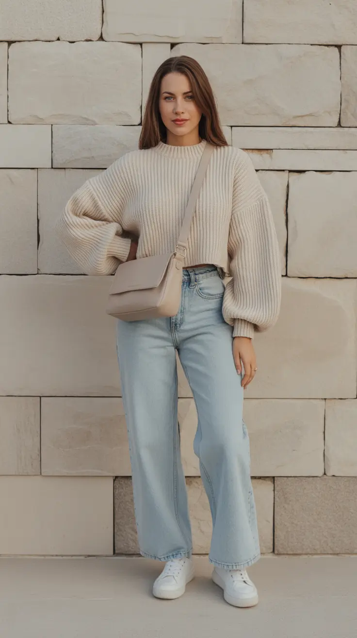 Casual outfit inspiration 2026 - Chunky knit and light-wash ease