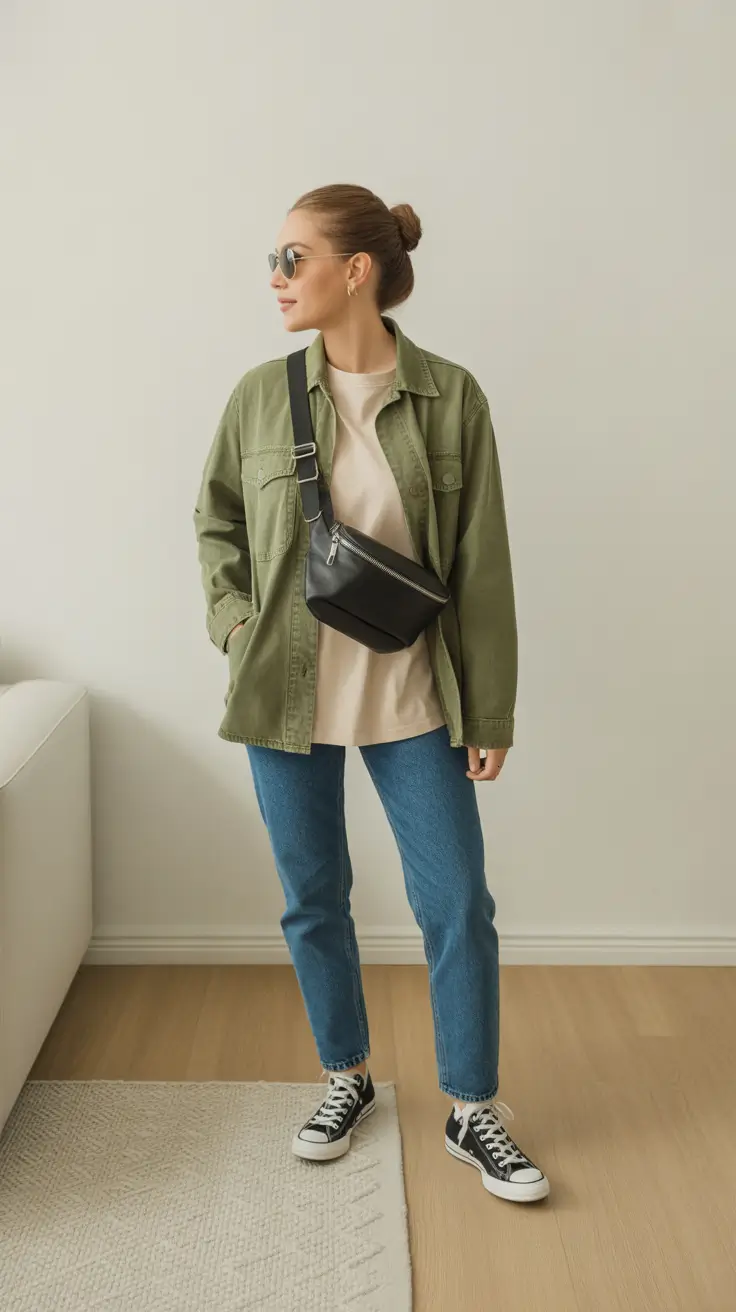 Casual outfit inspiration 2026 - Utility shacket, belt bag, and classic Chucks