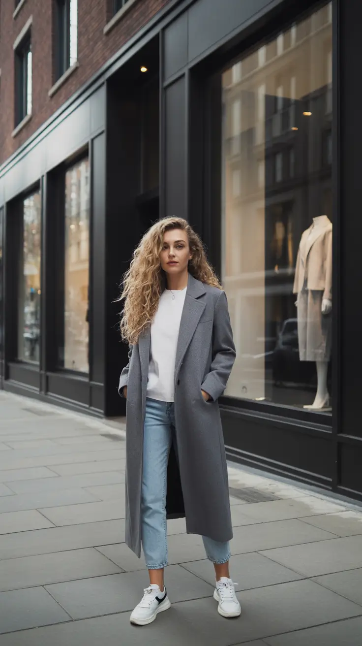 Casual outfit inspiration 2026 - Long gray coat with cropped denim and sport sneakers