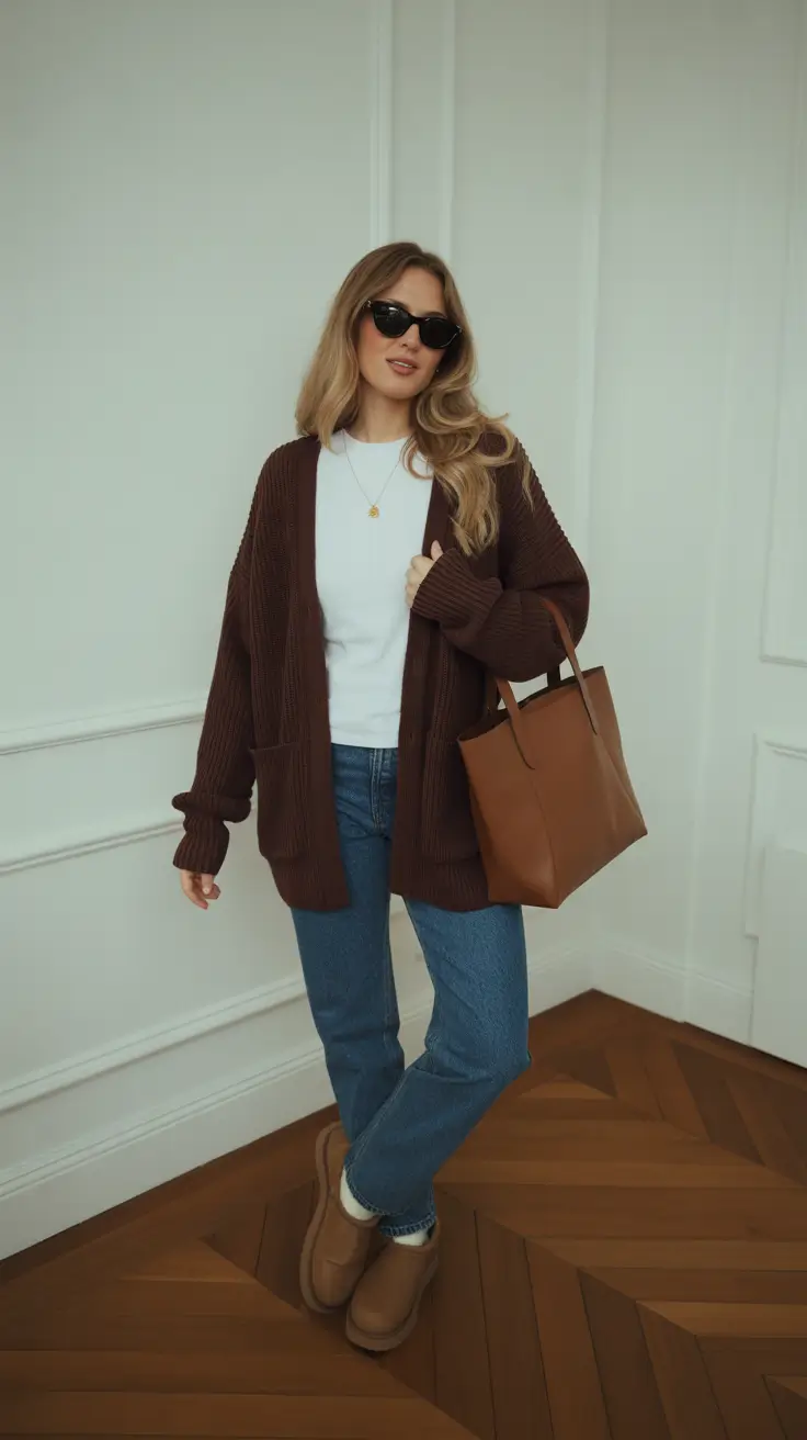 Casual outfit inspiration 2026 - Chunky cocoa cardigan, white tee, and tote-and-slippers ease