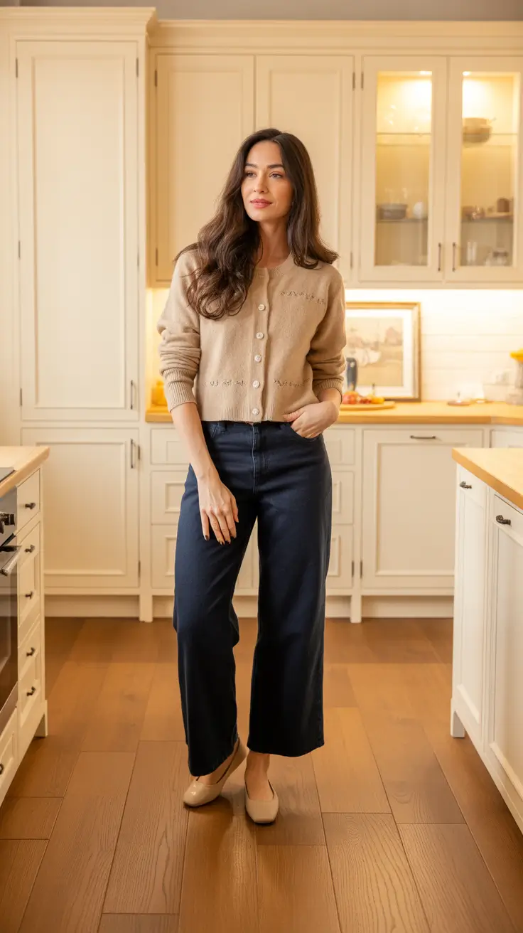 Casual outfit inspiration 2026 - Buttoned cardigan, navy wide-legs, and soft ballet flats