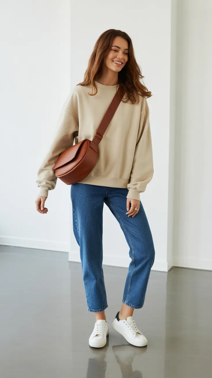 Casual outfit inspiration 2026 - Weekend sweatshirt with sleek crossbody