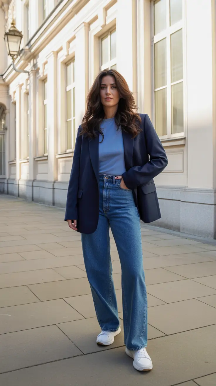 Casual outfit inspiration 2026 - Navy blazer and sky tee balance