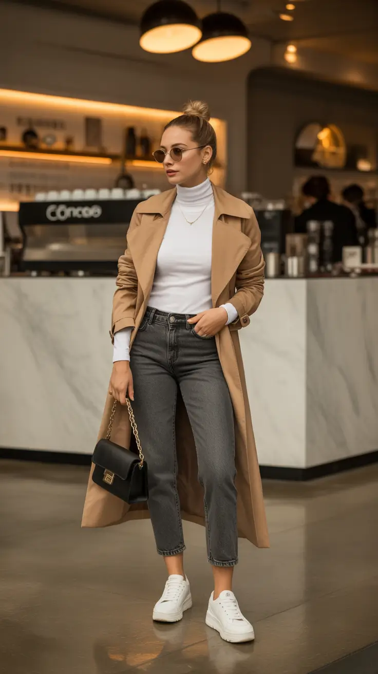 Casual outfit inspiration 2026 - Trench, turtleneck, and clean sneakers