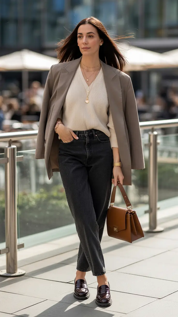 Casual outfit inspiration 2026 - Taupe blazer with ribbed knit and loafers
