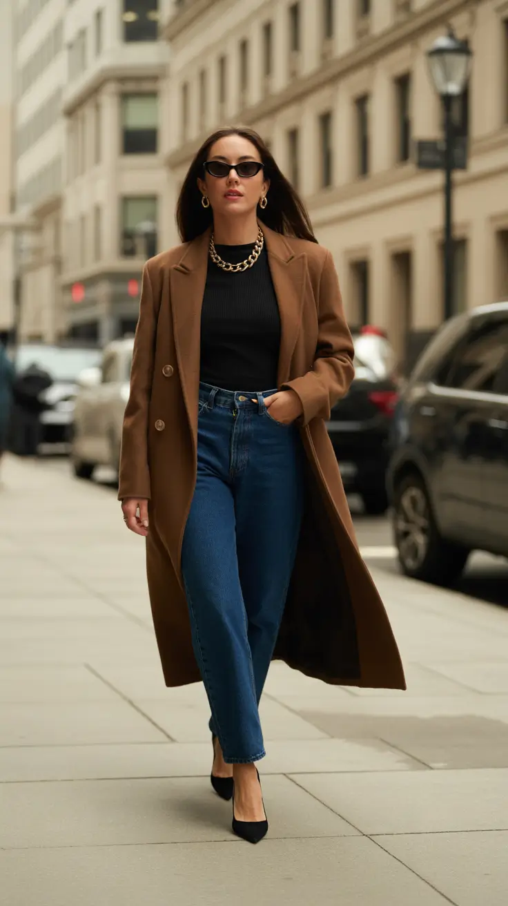 Casual outfit inspiration 2026 - Camel coat with black knit and pumps