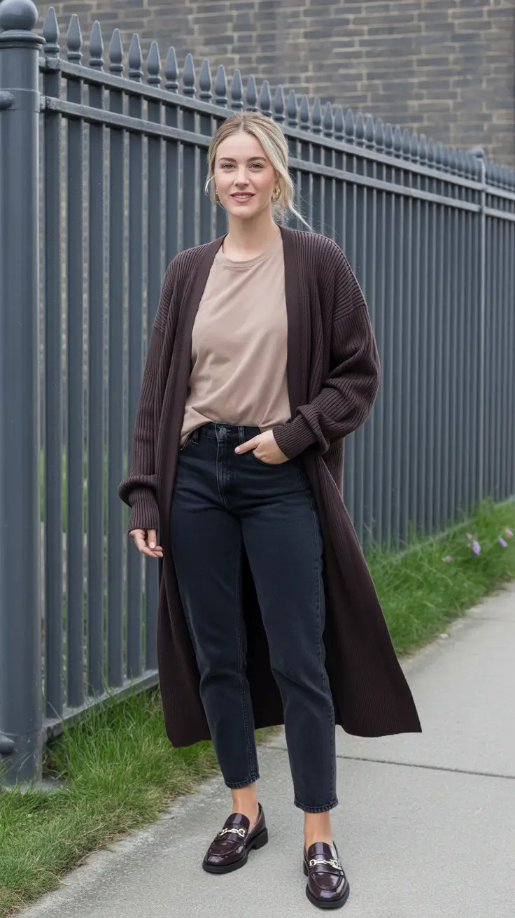 Casual outfit inspiration 2026 - Longline cardigan and penny loafers