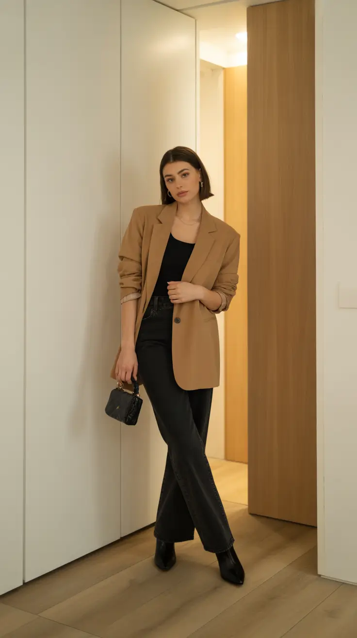 Casual outfit inspiration 2026 - Camel blazer with sleek boots and inky denim