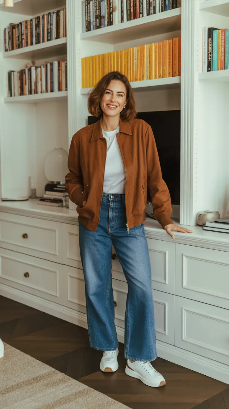 Casual outfit inspiration 2026 - Rust bomber, white tee, true-blue denim, and soft sneakers