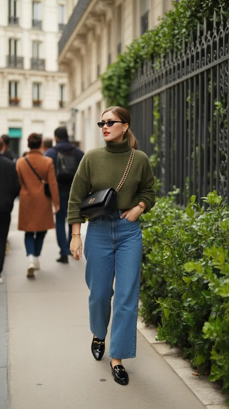 Casual outfit inspiration 2026 - Olive turtleneck, cropped denim, and glossy loafers