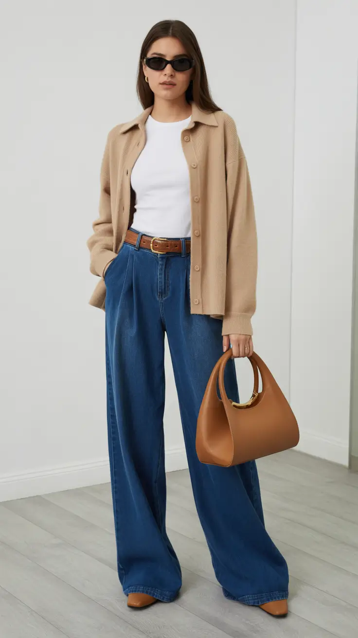 Casual outfit inspiration 2026 - Warm neutrals with wide-leg denim