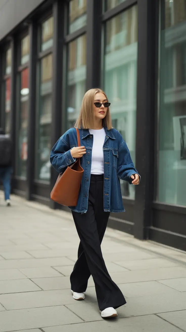 Casual outfit inspiration 2026 - Denim jacket + tailored trousers energy