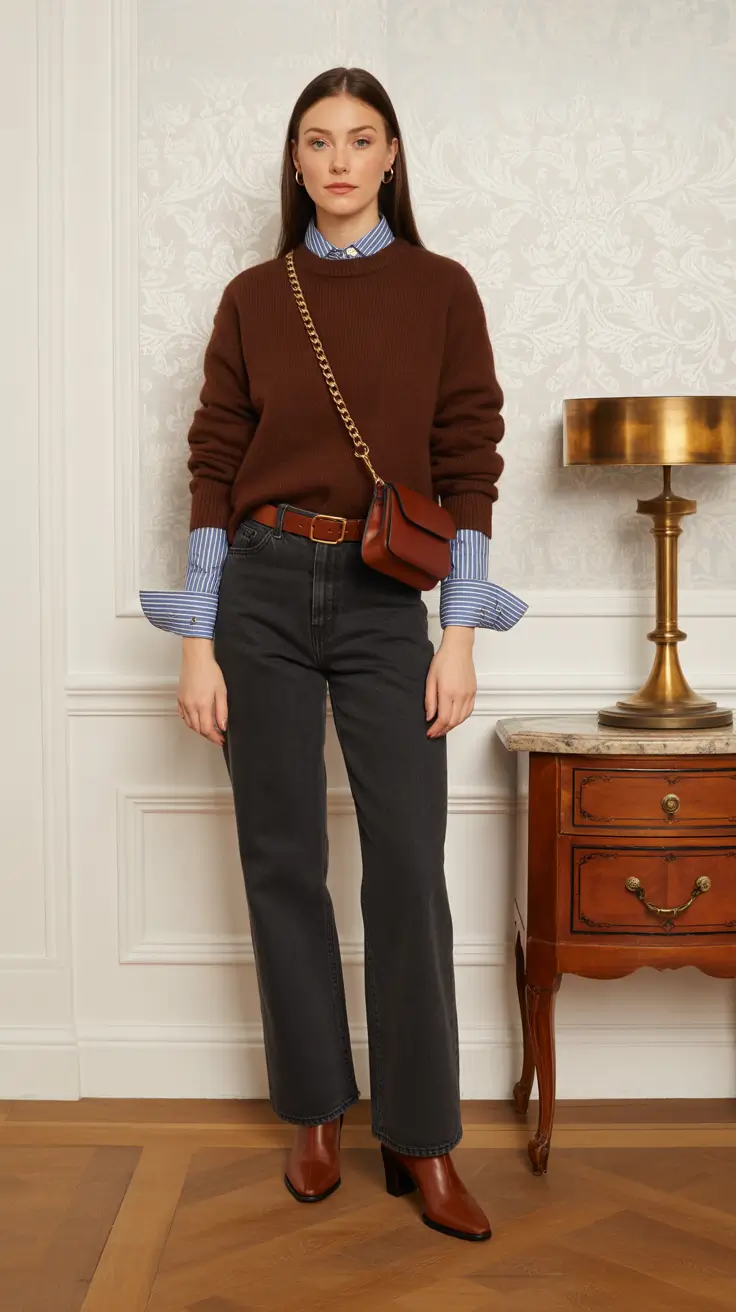 Casual outfit inspiration 2026 - Striped shirt, chocolate knit, and heeled boots