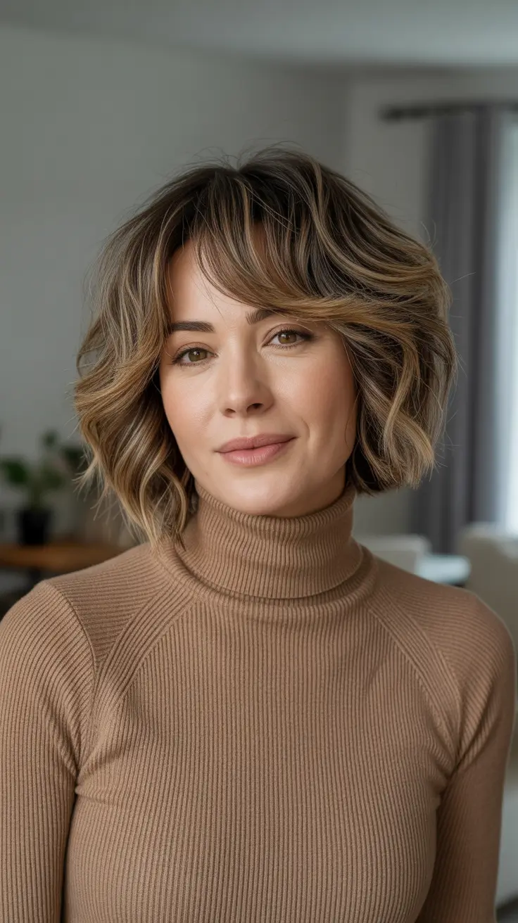 Trendy Choppy Bob Haircuts 2026 Warm Caramel Wavy Bob With Soft Fringe