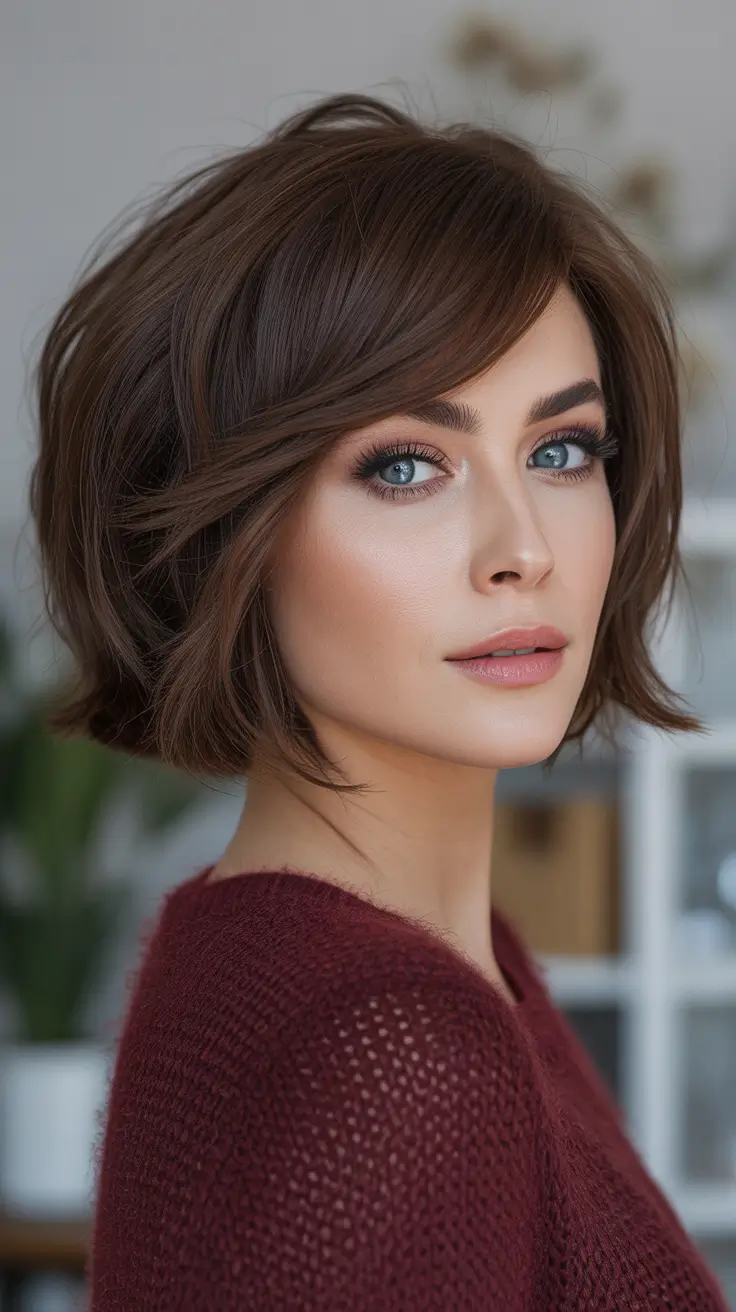 Trendy Choppy Bob Haircuts 2026 Glossy Chocolate Choppy Bob With Side Sweep