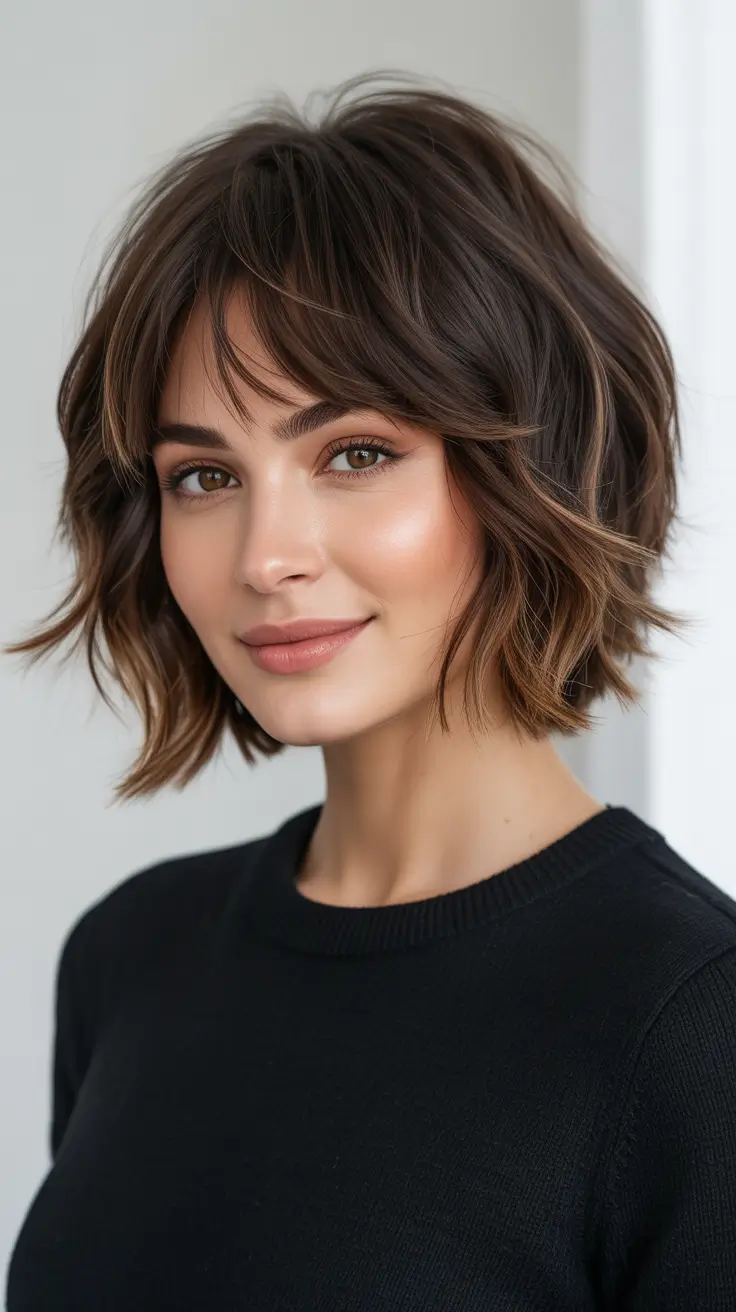 Trendy Choppy Bob Haircuts 2026 Soft Brunette Choppy Bob With Feathered Fringe
