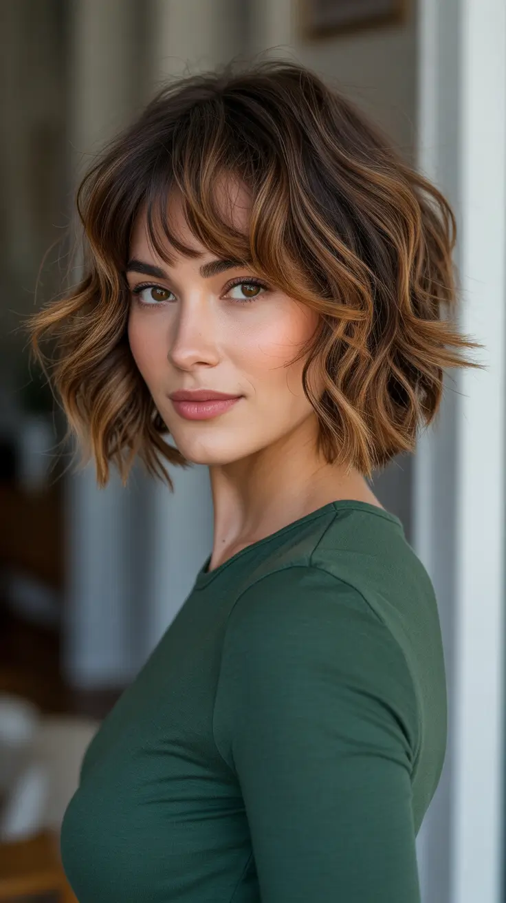 Trendy Choppy Bob Haircuts 2026 - Warm Wavy Choppy Bob With Soft Curtain Bangs