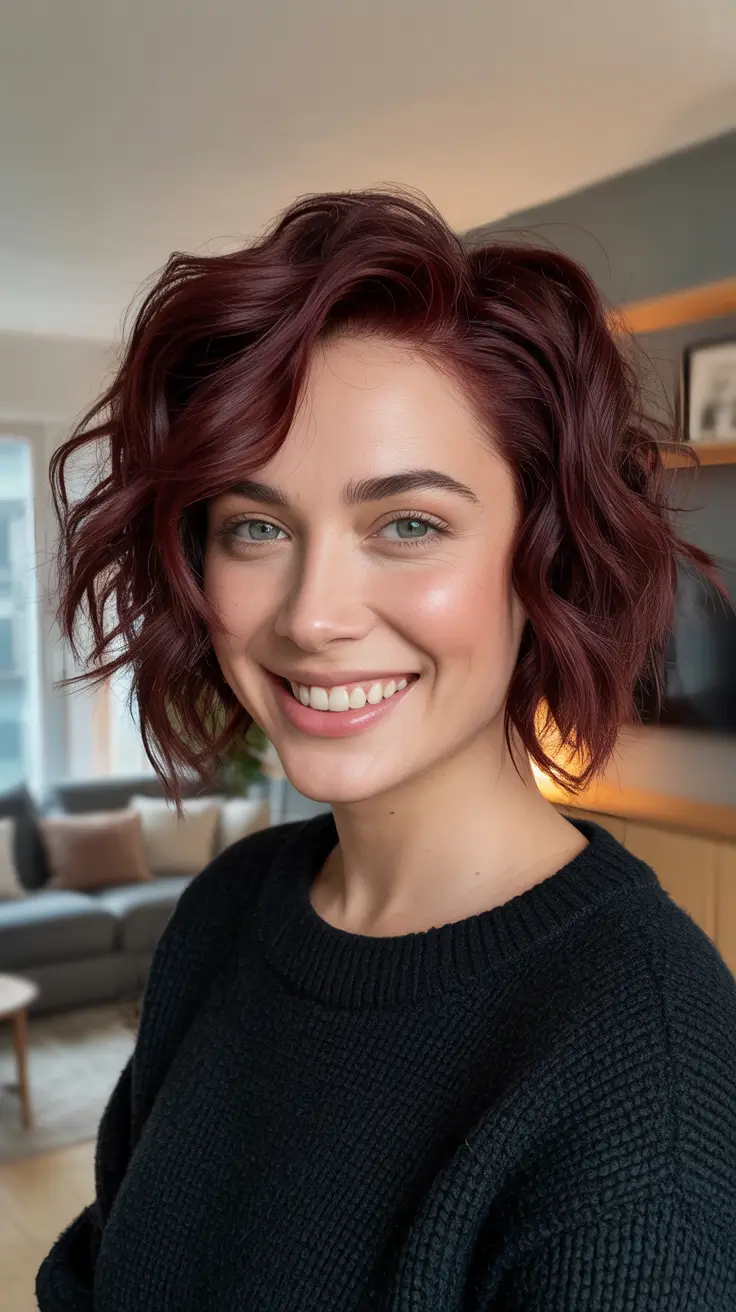 Trendy Choppy Bob Haircuts 2026 - Deep Berry Curly Choppy Bob With Side Swoop