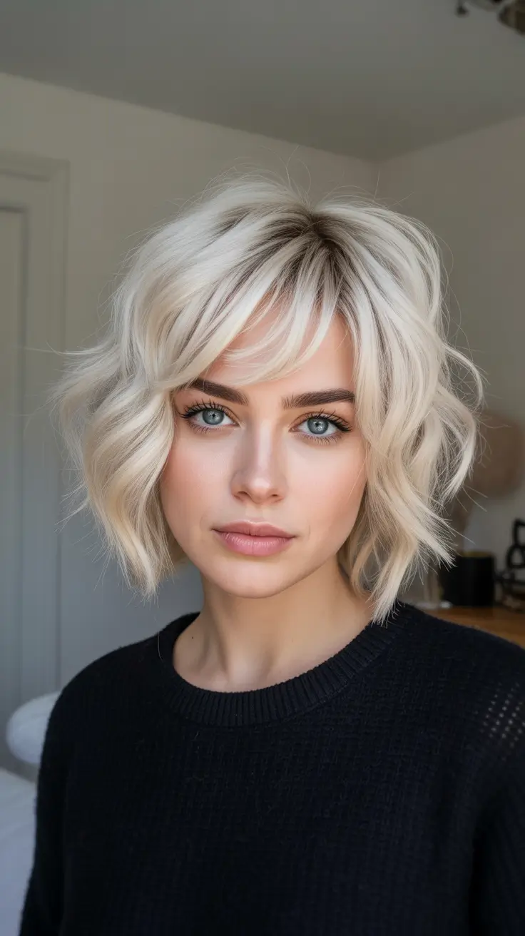 Trendy Choppy Bob Haircuts 2026 - Icy Textured Choppy Bob With Soft Blonde Fringe