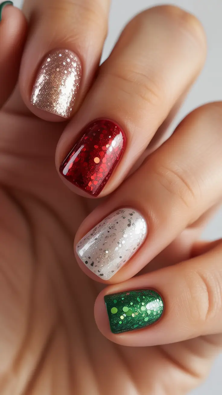 Modern Christmas Nail Colors Shades 2025 - Confetti Parade in Red, Green, Champagne