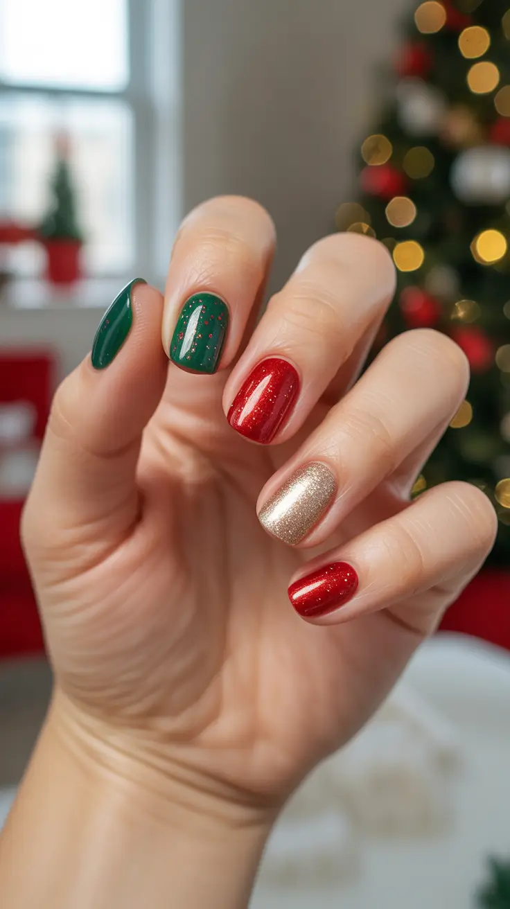 Modern Christmas Nail Colors Shades 2025 - Classic Trio Remix: Evergreen, Red, and Gilded Neutral
