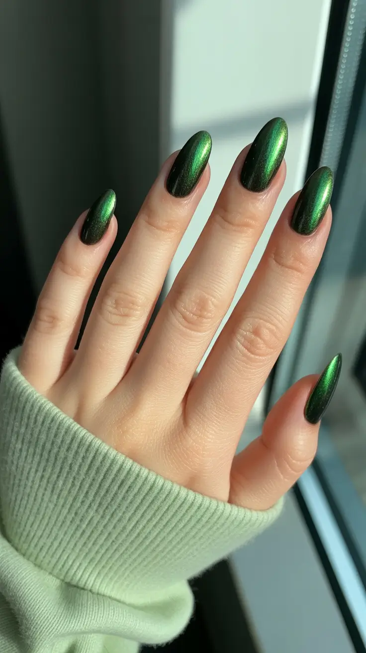 Modern Christmas Nail Colors Shades 2025 - Black-Forest Cat-Eye Green