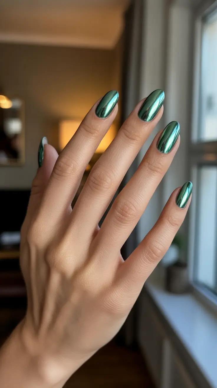 Modern Christmas Nail Colors Shades 2025 - Emerald Chrome Glow