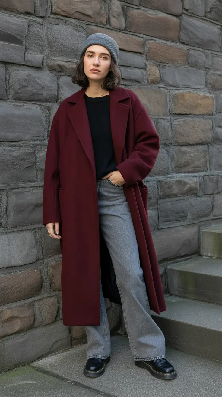 Best cold weather outfits 2026 - Burgundy Coat, Gray Denim, And Beanie Ease