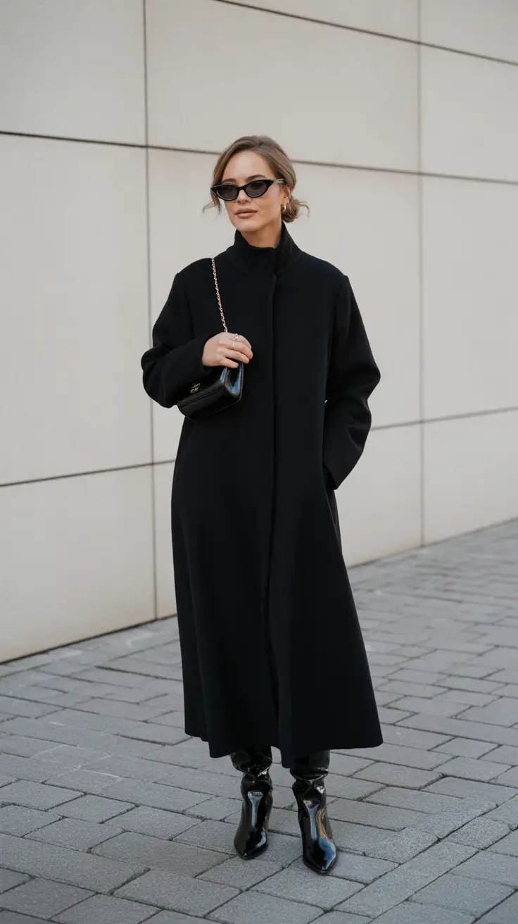 Best cold weather outfits 2026 - All-Black Maxi Coat With Patent Bite