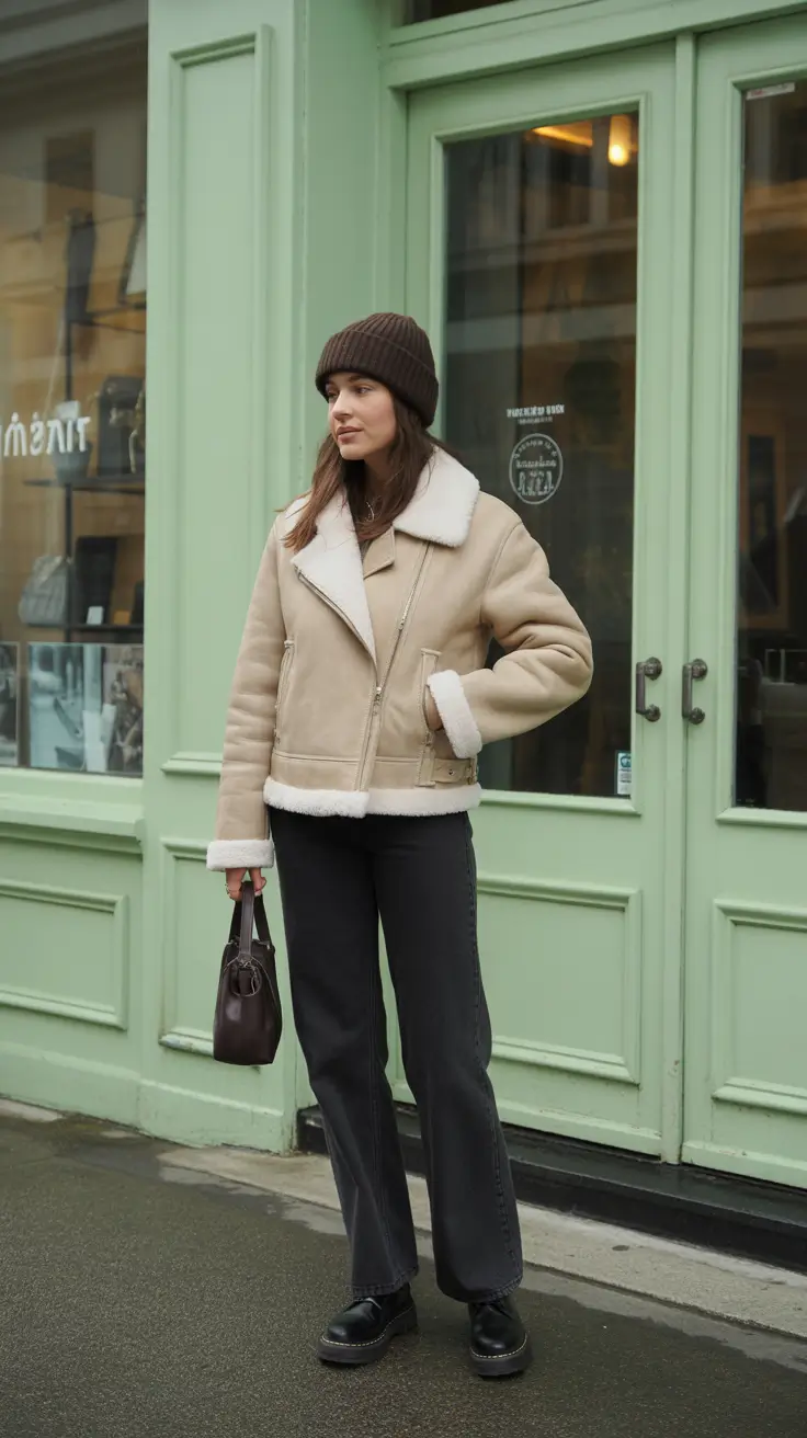 Best cold weather outfits 2026 - Oat Shearling Moto With Espresso Beanie