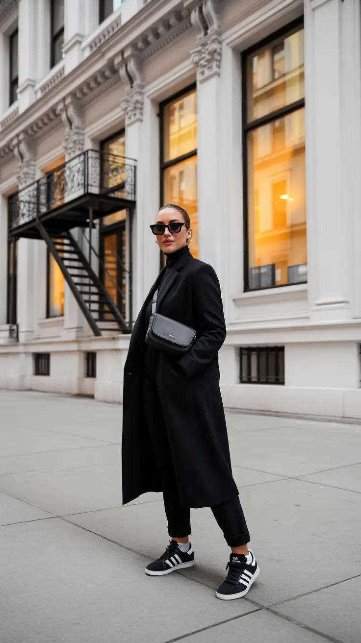 Best cold weather outfits 2026 - Tailored Black Coat With Sporty Sneakers