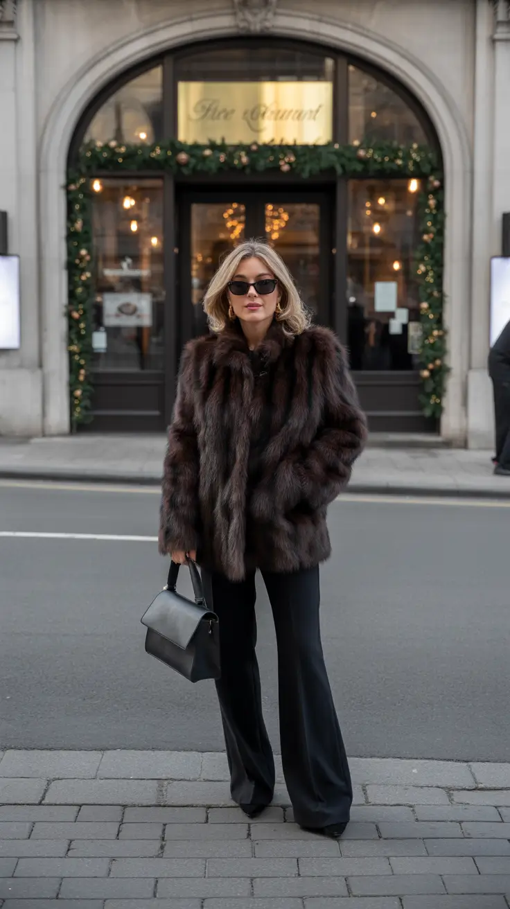 Best cold weather outfits 2026 - Evening Fur Texture With Tailored Trousers