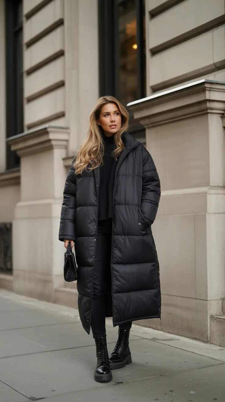 Best cold weather outfits 2026 - Maxi Puffer Column With Combat Boots