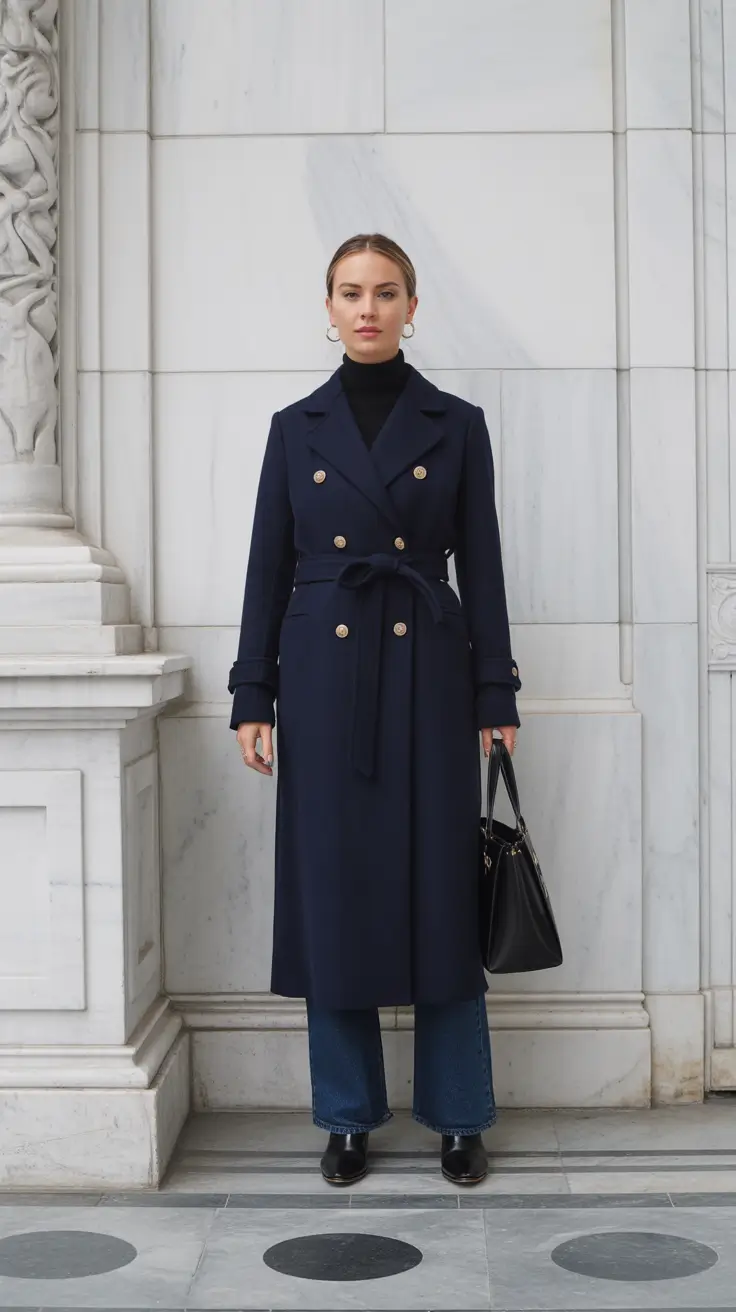Best cold weather outfits 2026 - Navy Trench With Turtleneck Minimalism