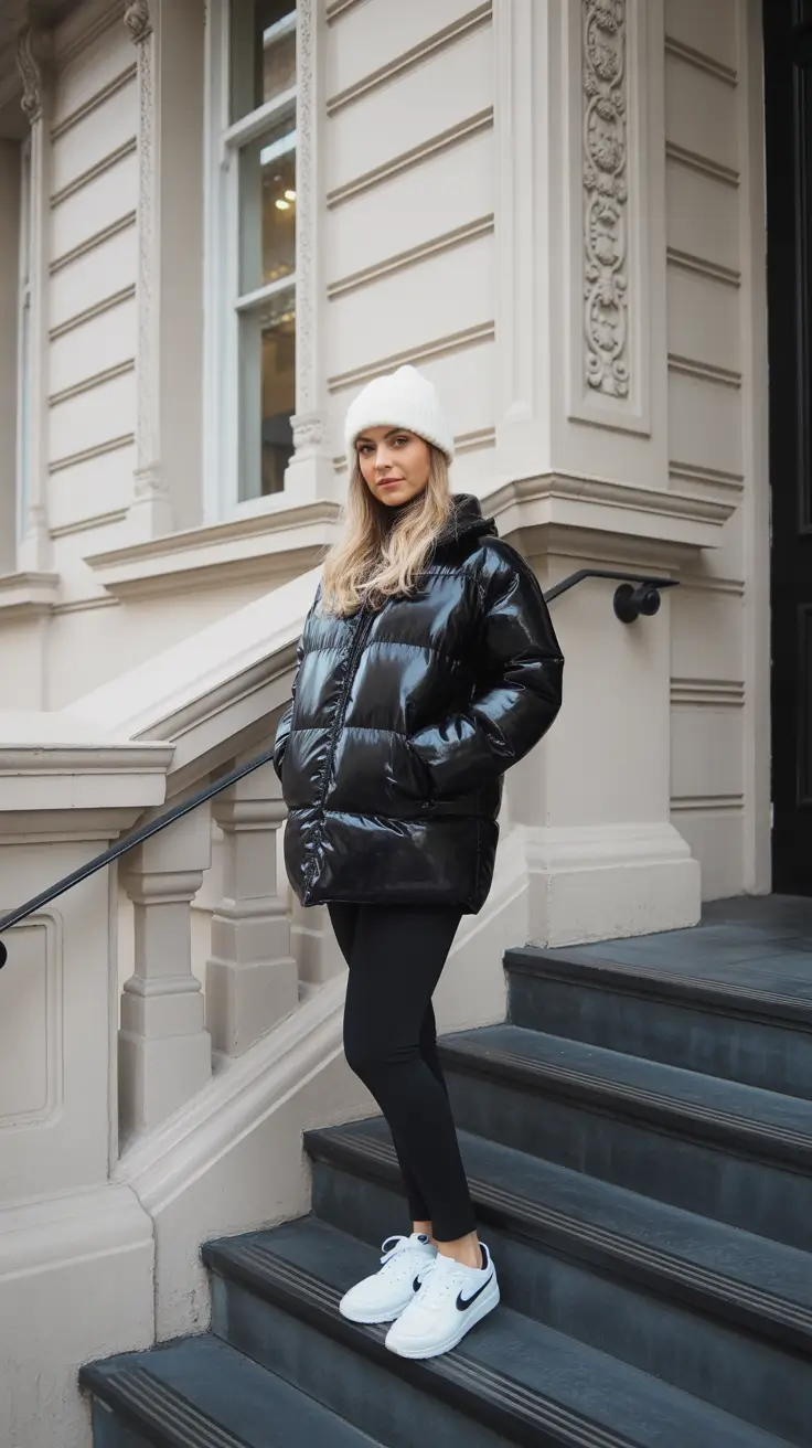 Best cold weather outfits 2026 - Glossy Puffer Athleisure