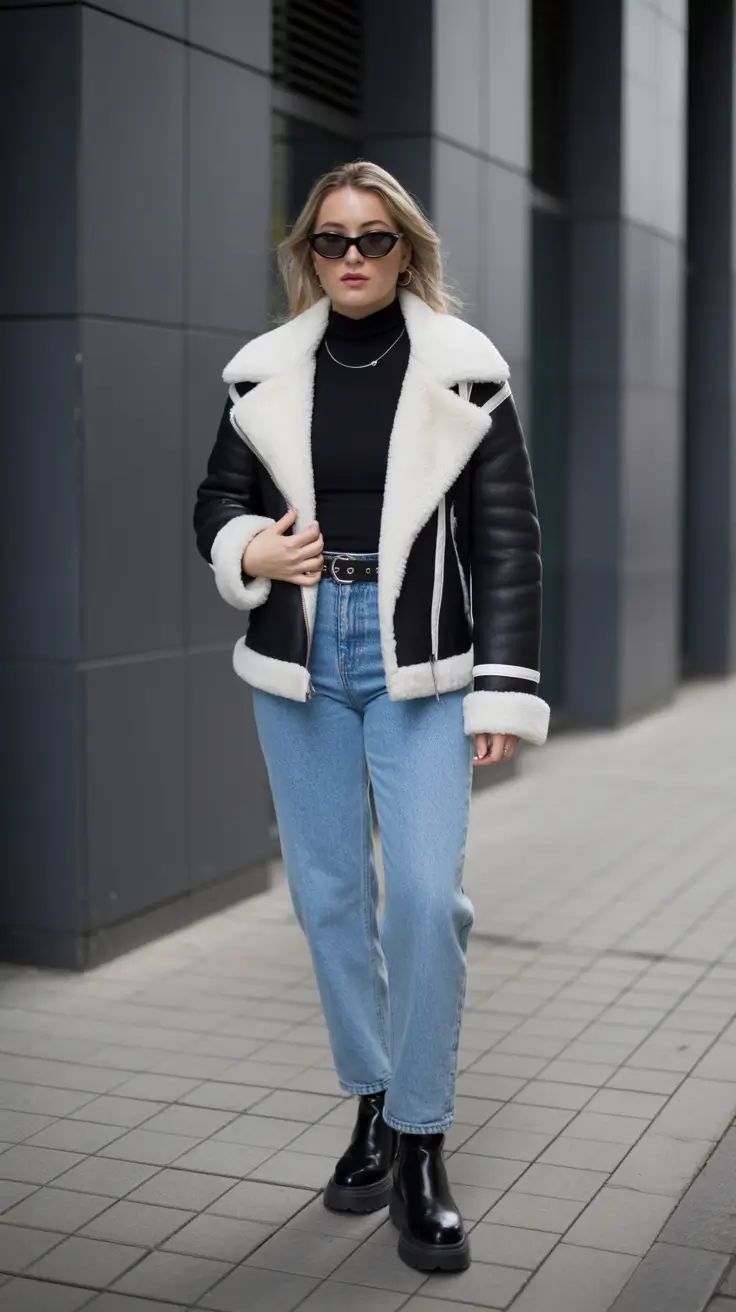Best cold weather outfits 2026 - Shearling-Collar Aviator With Light Denim