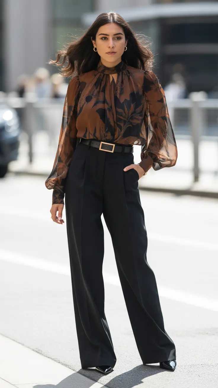 Best cute outfits 2026 - Sheer mocha blouse with tailored wide-legs