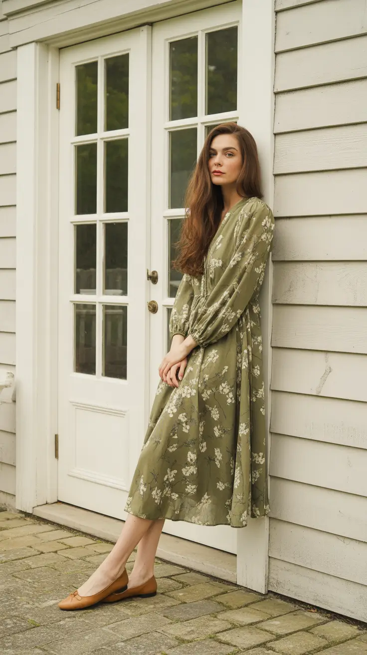 Best cute outfits 2026 - Olive floral midi with soft ballet flats