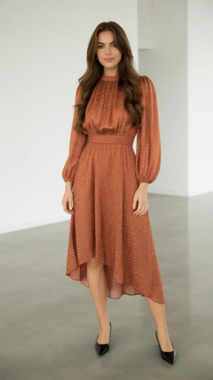 Best cute outfits 2026 - Cinnamon micro-dot dress with sleek pumps