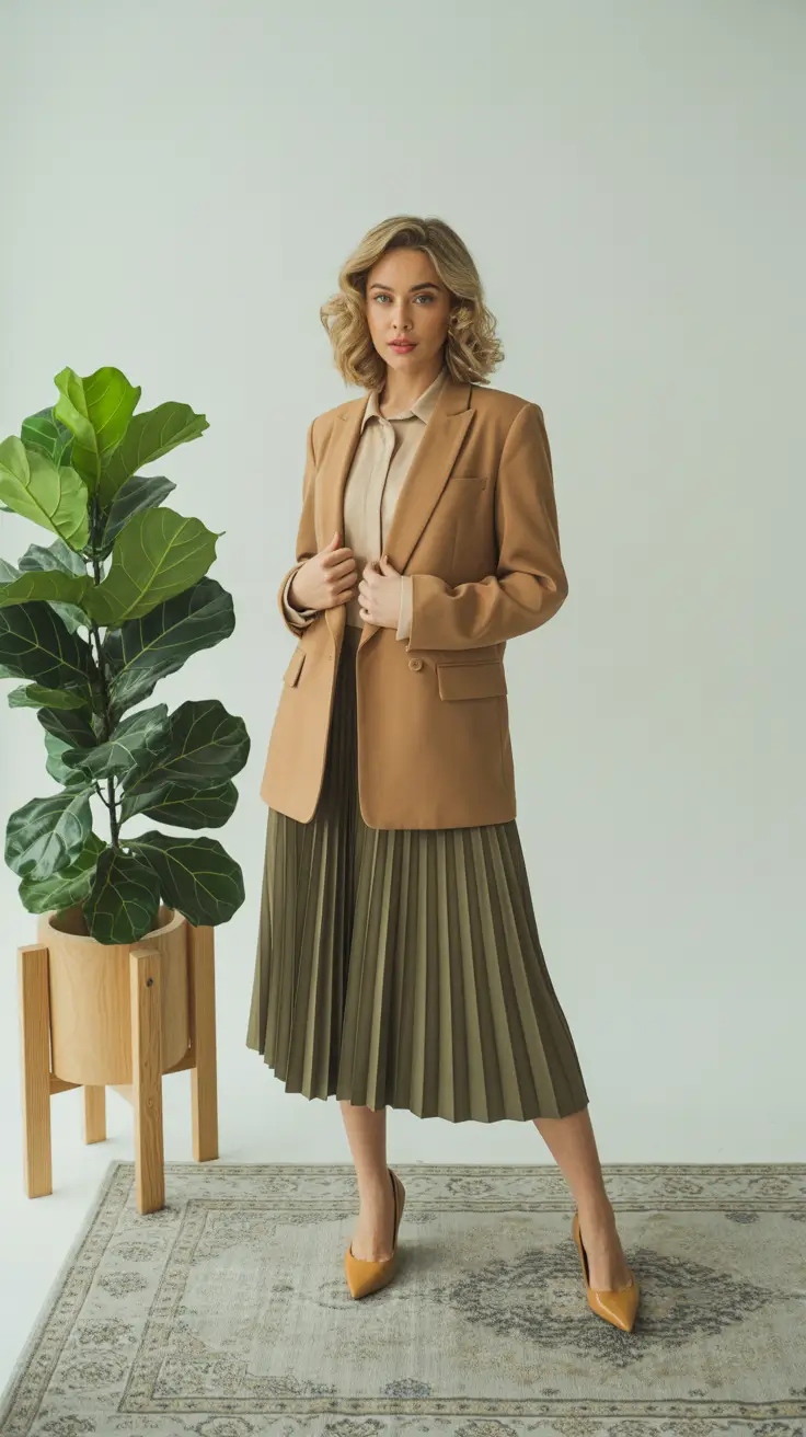 Best cute outfits 2026 - Camel blazer and olive pleats - tonal polish