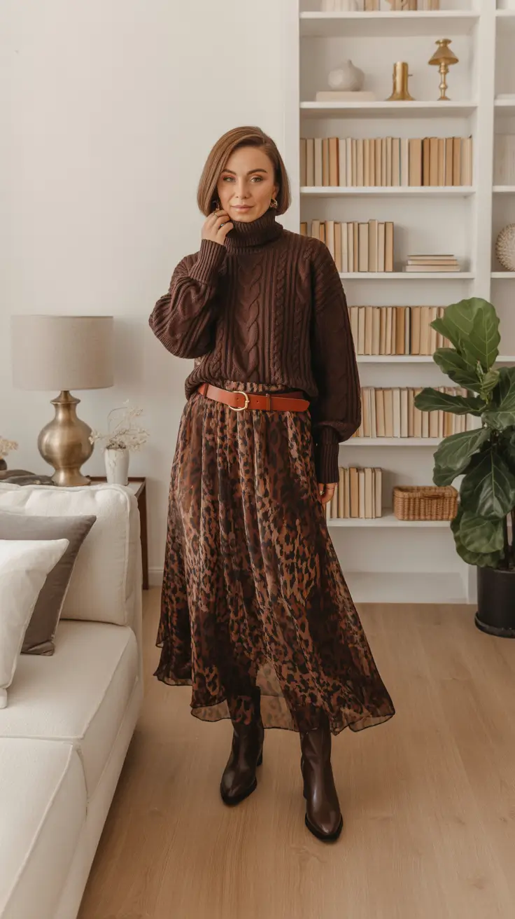 Best cute outfits 2026 - Leopard chiffon skirt with chunky turtleneck