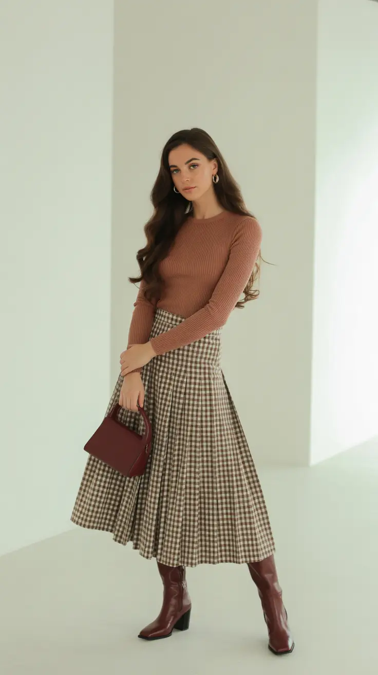 Best cute outfits 2026 - Rust Ribbed Knit With Gingham Swing Skirt