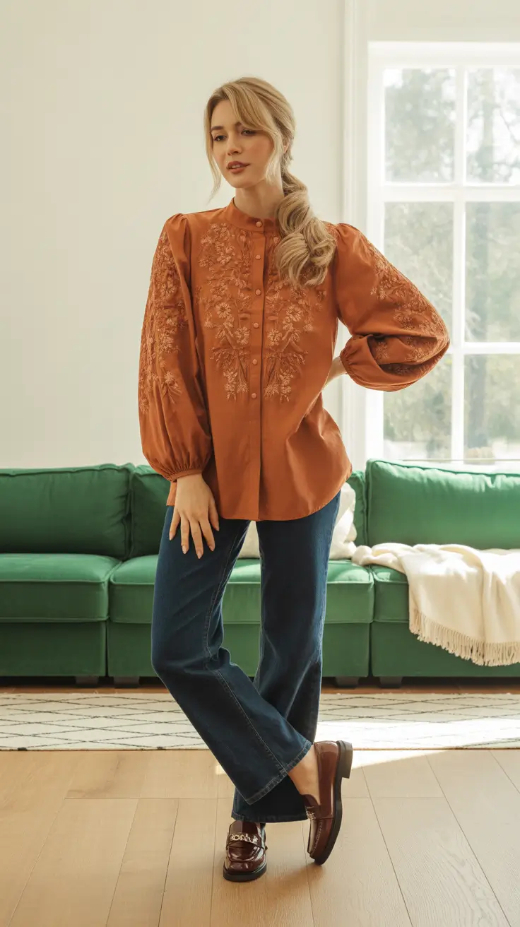 Best cute outfits 2026 - Rust embroidery with straight-leg denim and loafers