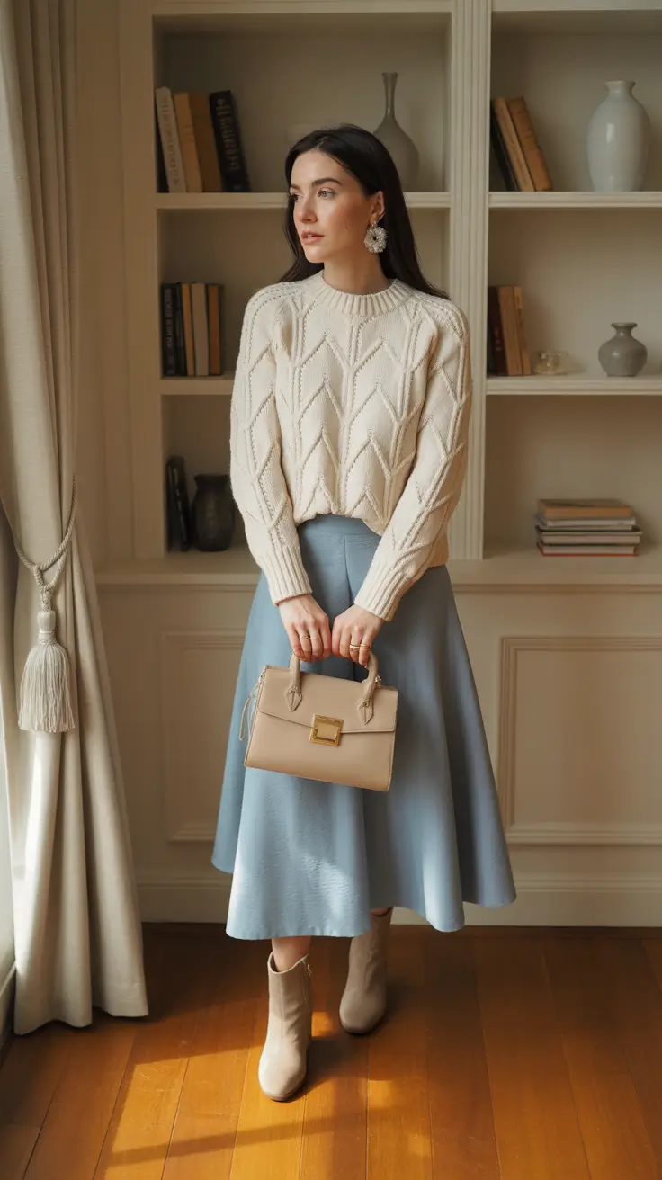 Best cute outfits 2026 - Cream Cable + Powder-Blue A-Line Skirt