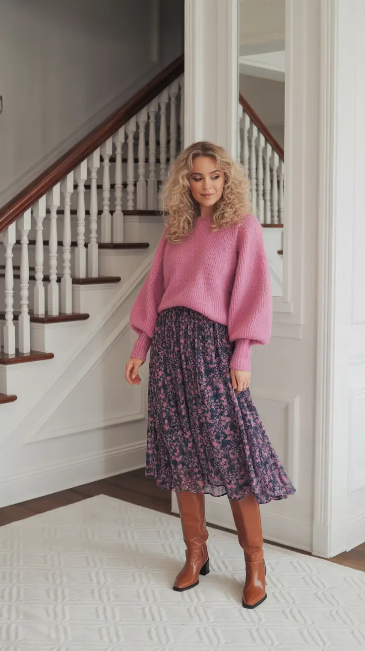Best cute outfits 2026 - Bubble-Sleeve Knit With Floral Midi And Cognac Boots
