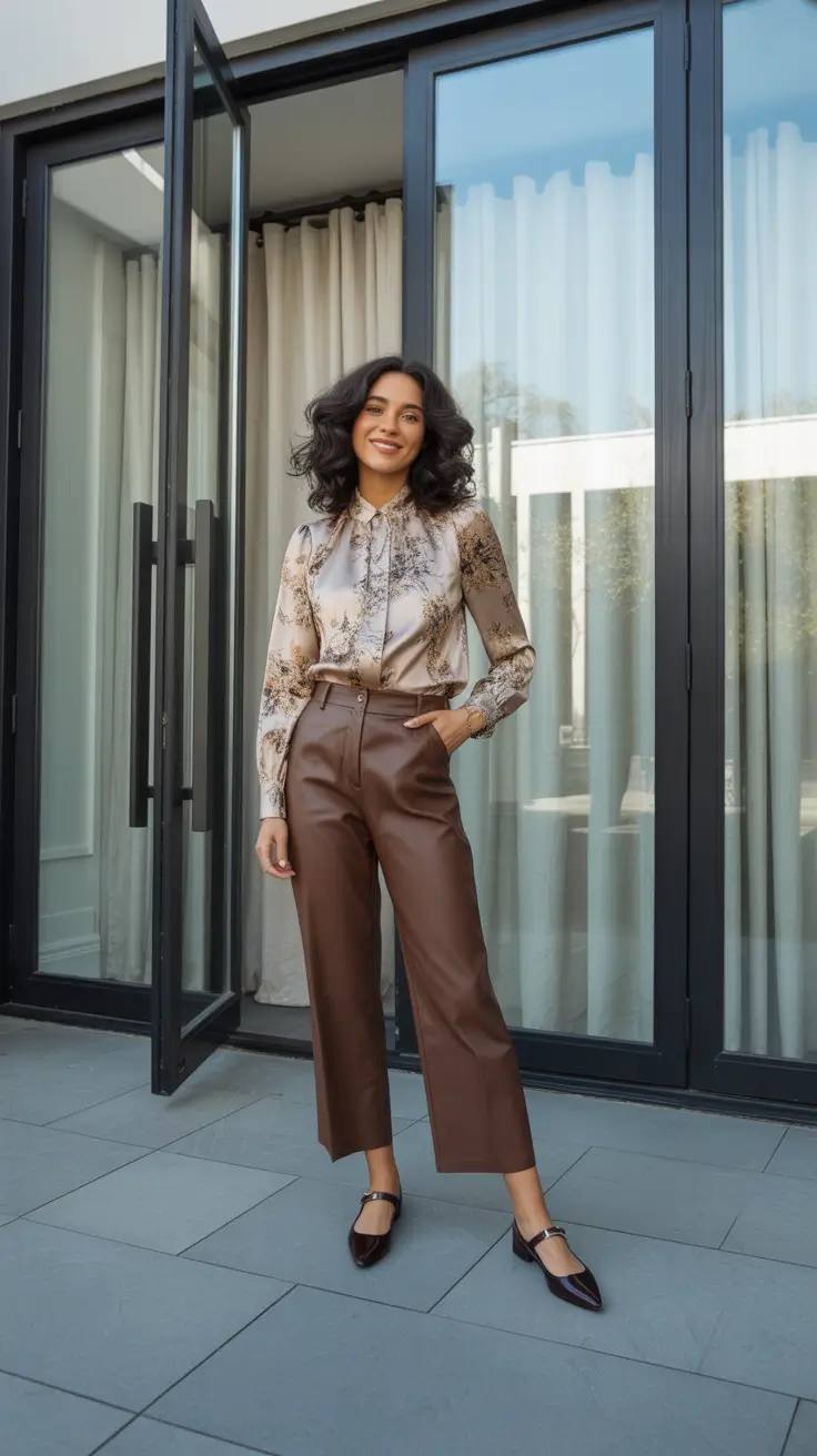 Best cute outfits 2026 - Satin landscape print with cropped leather trousers